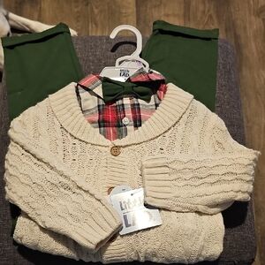 NWT 3 Piece Plaid Shirt Cream Sweater Green Pants Set Tie Little Lad Boy Toddler